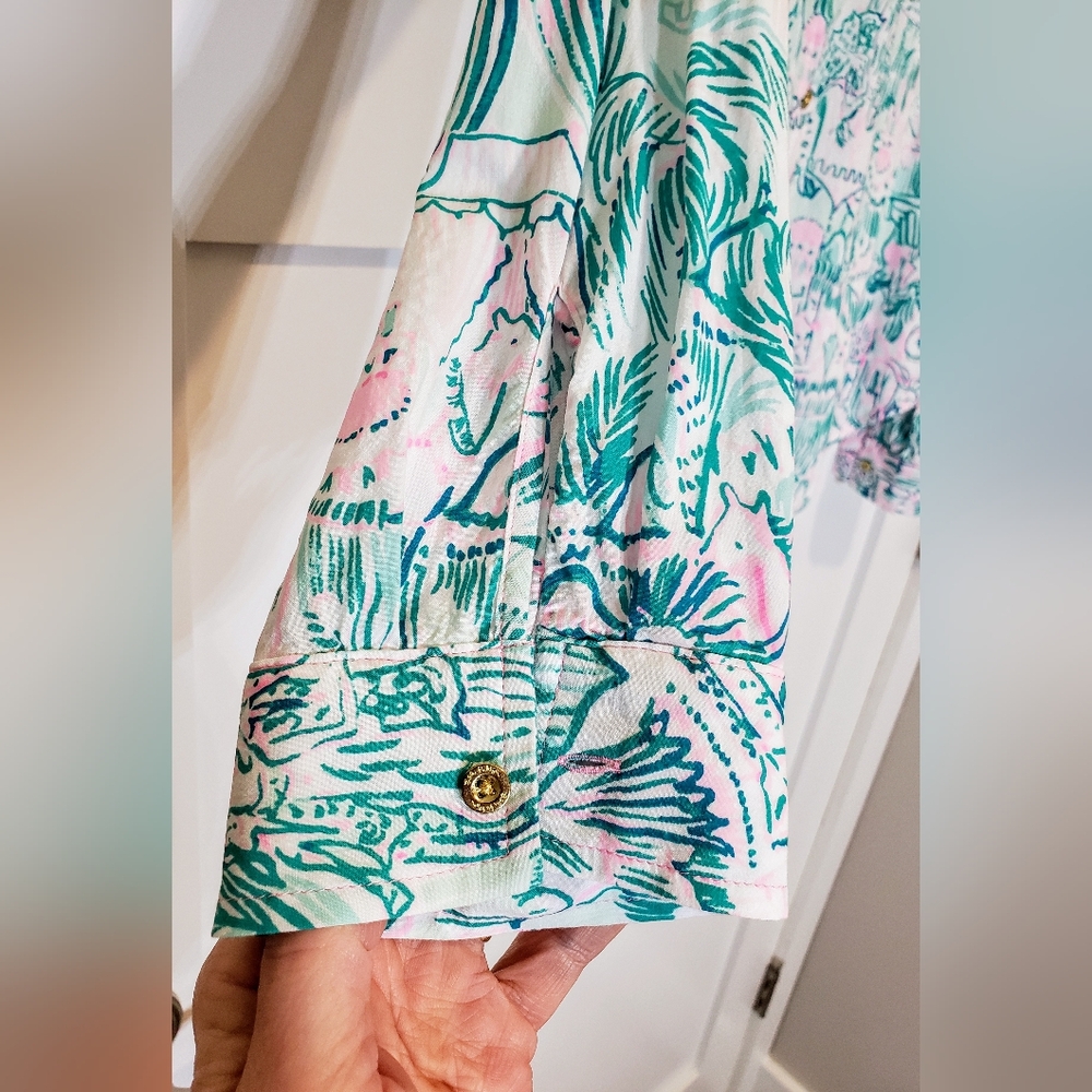Lily Pulitzer Seaview Button Up Bright Agate Green Colorful Camelflage M… - Picture 6 of 14